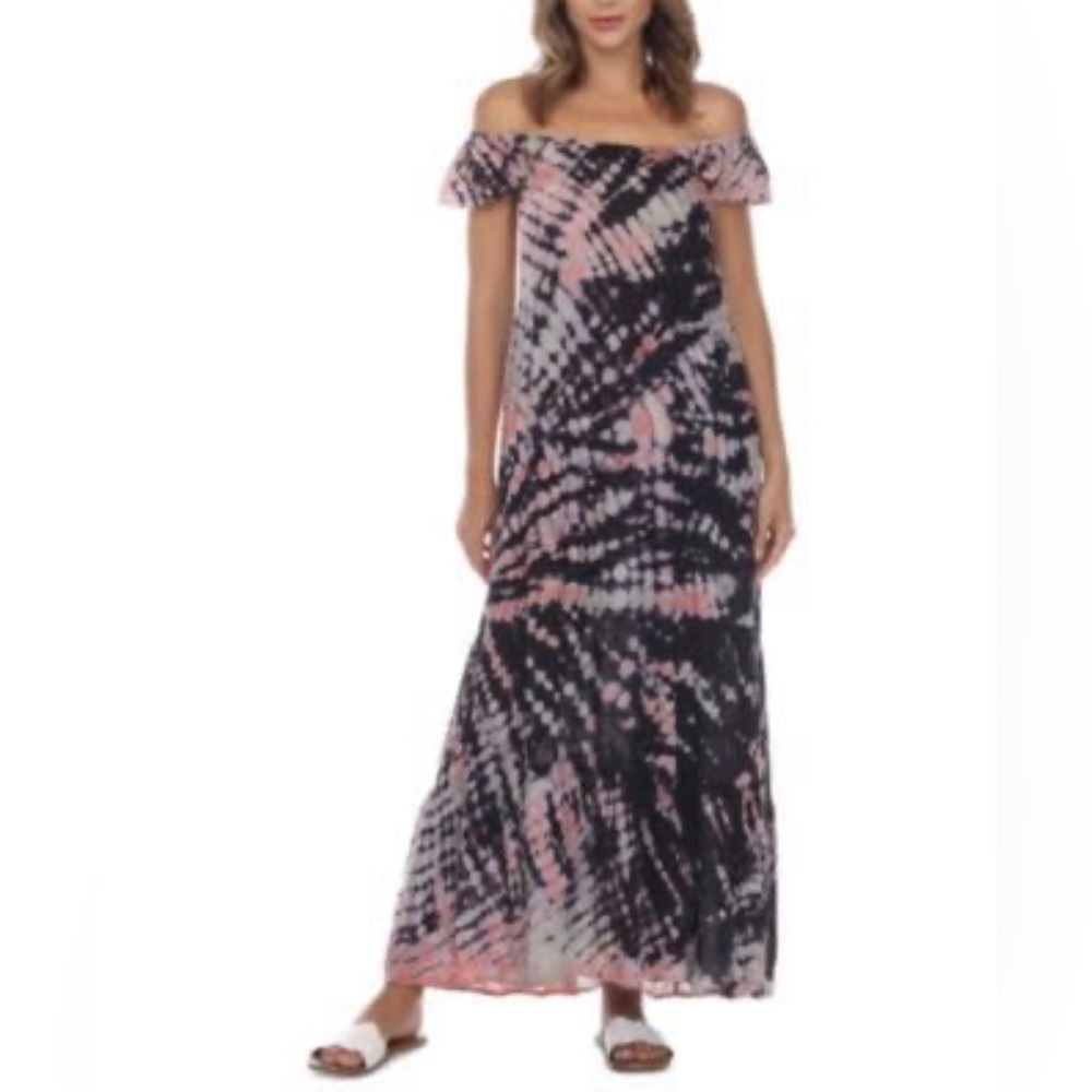 Raviya women’s Tie-Dye Maxi off shoulder Cover-Up Dress Black Plus Size OX NEW